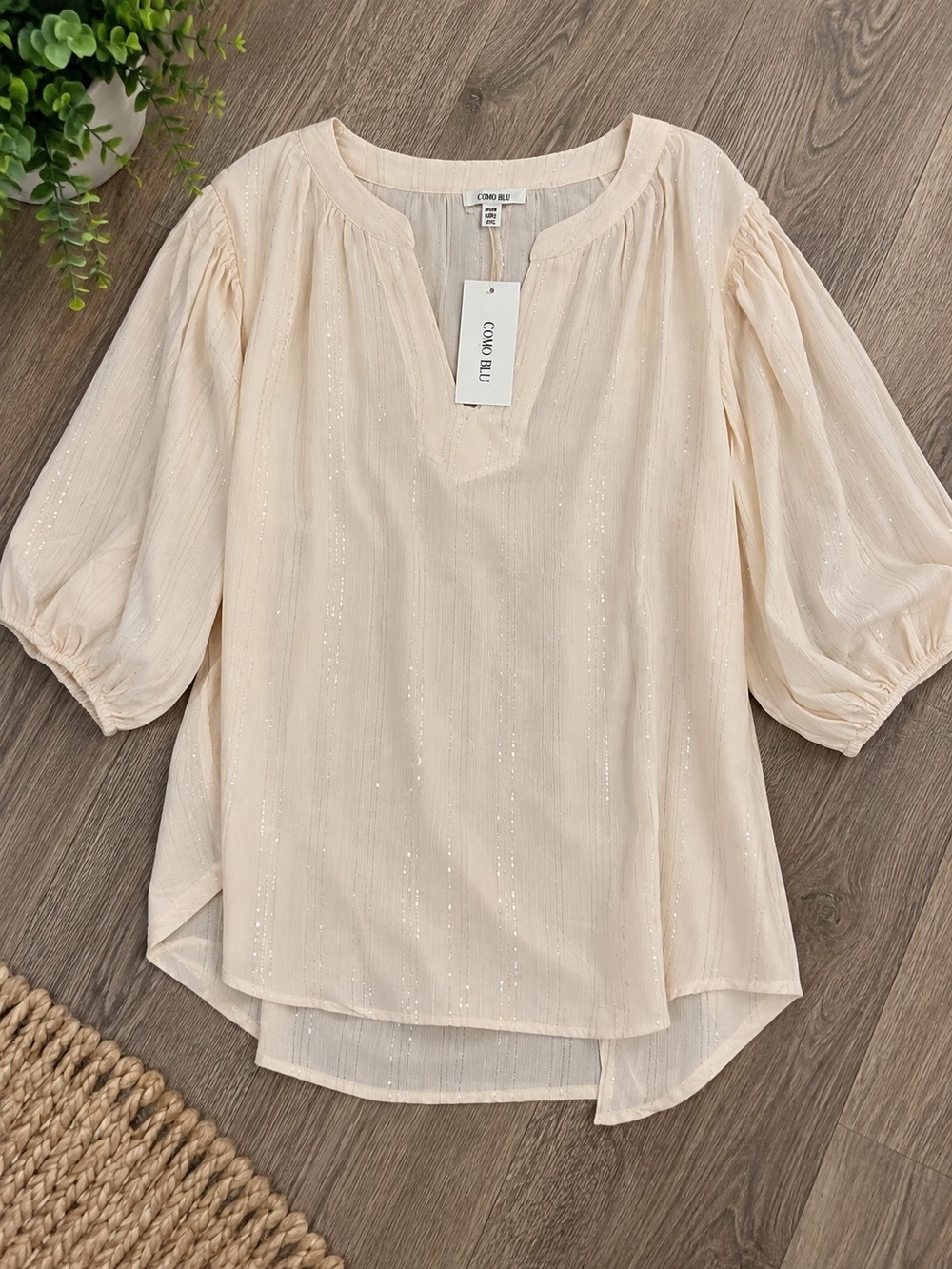 Como Blu Cream Puff-Sleeve Blouse - Light Cream Women's Top W/shimmer